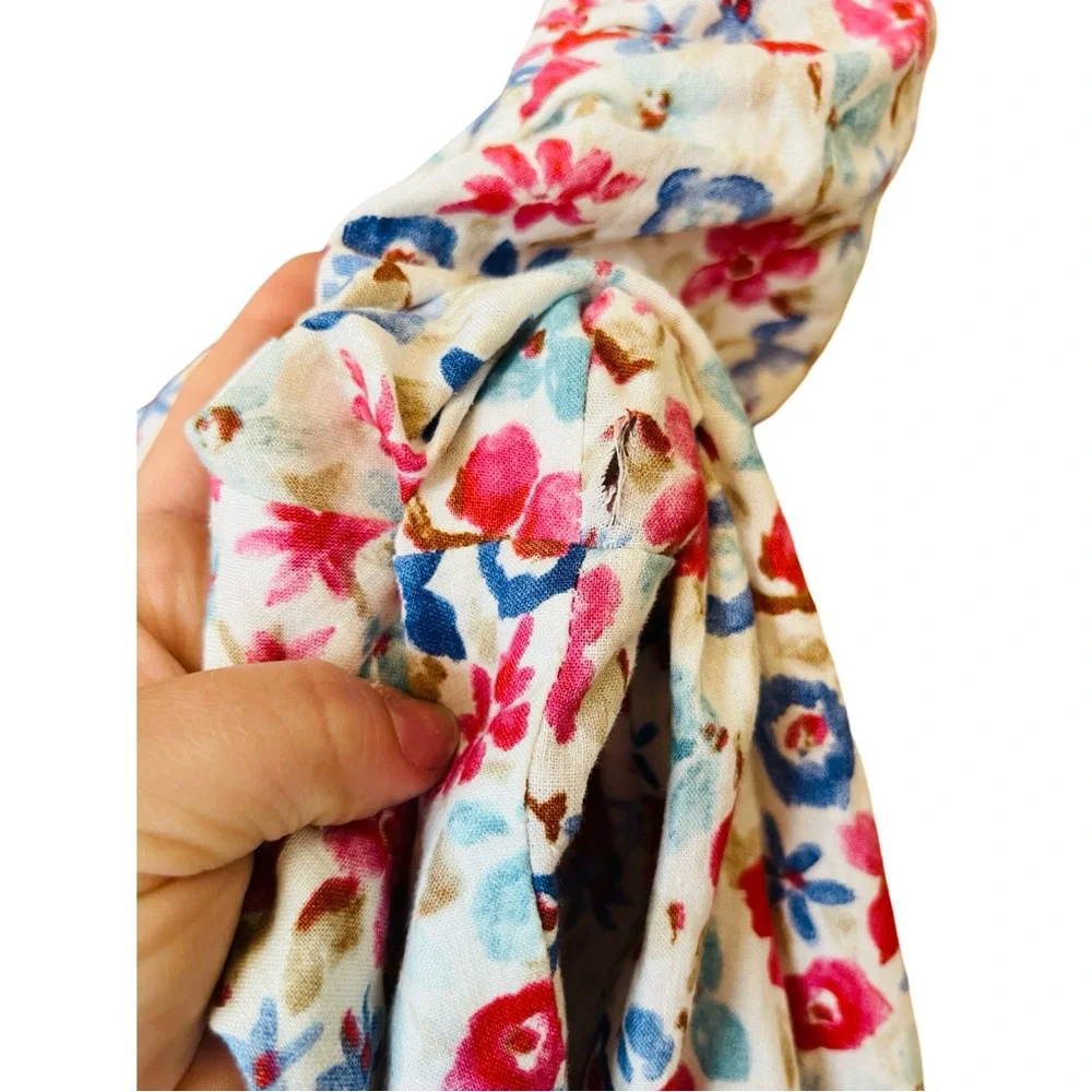 Zara Floral Linen Blend Tie Back Puff Sleeve Crop Blouse